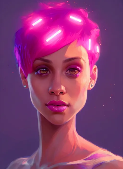 Prompt: portrait of vanessa morgan with bright pink hair, curly pixie cut hair, wearing a purple cap, intricate, elegant, glowing lights, highly detailed, digital painting, artstation, concept art, smooth, sharp focus, illustration, art by wlop, mars ravelo and greg rutkowski