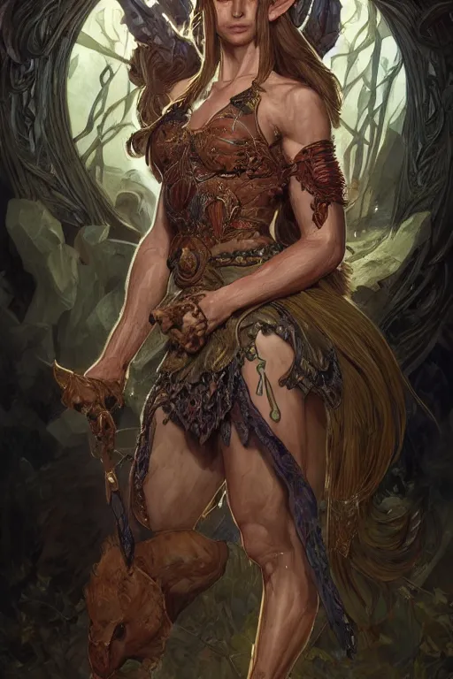 Image similar to portrait of zelda as a herculian demon woman, forest, full body, muscular, fantasy, intricate, elegant, highly detailed, digital painting, artstation, concept art, sharp focus, illustration, art by artgerm and greg rutkowski and alphonse mucha