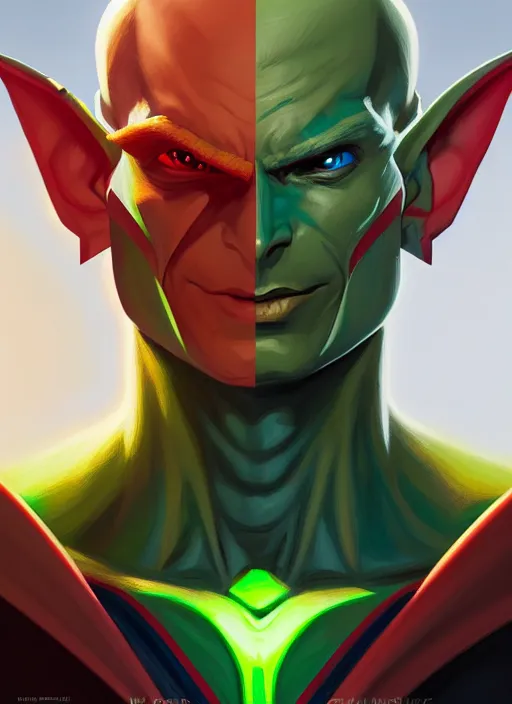 Prompt: dynamic medium shot painted portrait, martian manhunter colours, elf, sharp smooth details, caustics, unreal engine, matte painting concept art, fanart artstation by kevin christian muljadi and entei ryu and oldgun - k and jesper ejsing and rhads and lois van baarle and ilya kuvshinov and rossdraws
