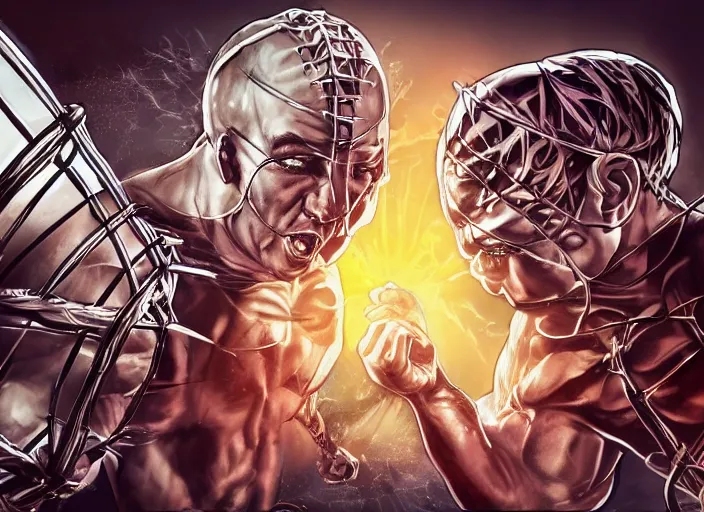 Image similar to a beautiful illustration of my friend joe rogan vs voldo in a steel cage match, digital art,