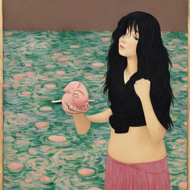 Image similar to tall female emo artist holding a pig in her flooded bathroom, mushrooms, octopus, water gushing from ceiling, painting of flood waters inside an artist's bathroom, a river flooding indoors, pomegranates, pigs, ikebana, zen, river, rapids, waterfall, black swans, canoe, berries, acrylic on canvas, surrealist, by magritte and monet