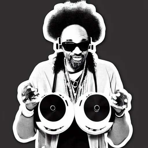 Image similar to svg sticker of a Dancing-Ben-Harper-Snoop-Spike-Lee-with-a-large-Afro-Puff, at a rave, spinning records, giant headphones rocking out, wearing headphones, huge speakers, dancing, rave, DJ, spinning records, digital art, amazing composition, rule-of-thirds, award-winning, trending on artstation, featured on deviantart