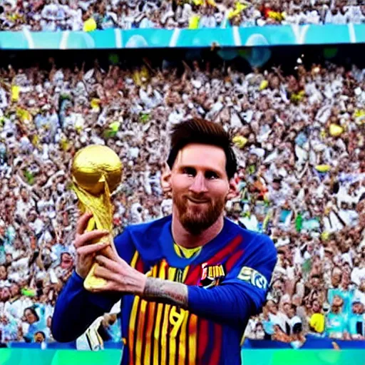 Image similar to a picture of messi holding the fifa world cup