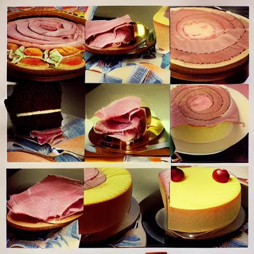 Prompt: “70s food photography of a cake made of ham”