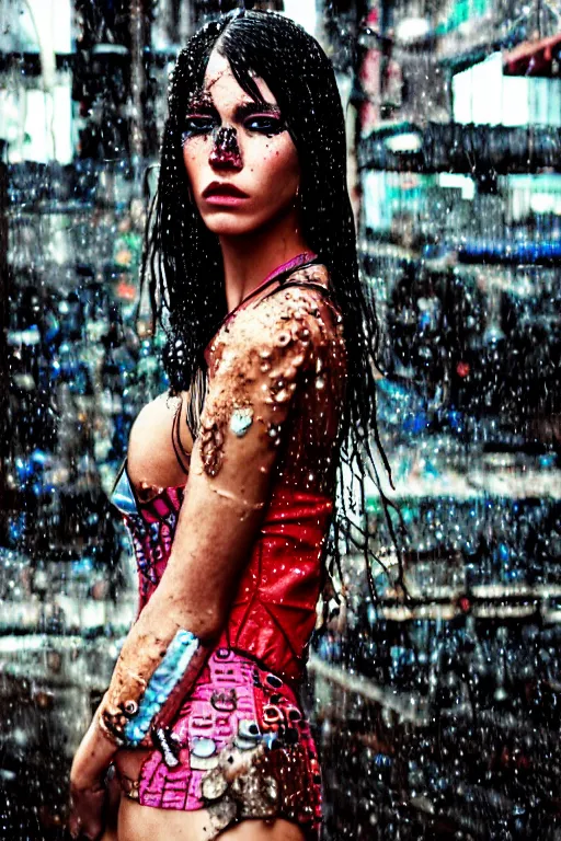 Prompt: portrait photo of cyberpunk peru girl under rain, fashion editorial photography, from vogue magazine