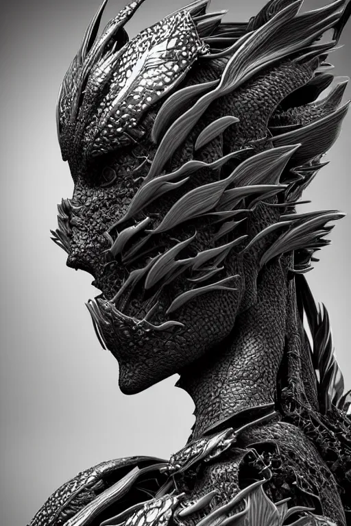 Image similar to bw close - up profile face, black background, beautiful young porcelain vegetal - dragon - cyborg - female, 1 5 0 mm, beautiful natural soft rim light, silver gold details, magnolia leaves and stems, roots, mandelbot fractal, elegant, ultra detailed, white metallic armour, octane render, h. r. giger style