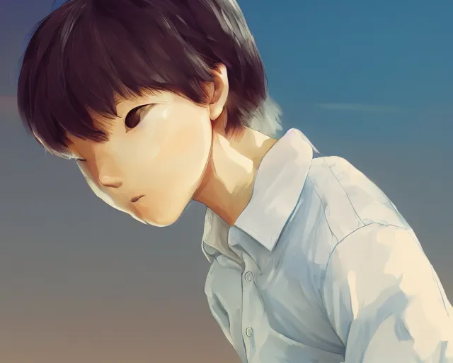 Image similar to boy looking at blue sky, wearing white shirt, facing away, low angle, sharp details, sharp focus, highly detailed, illustration, by pine ( ハイネ ) and 薯 子 imoko and 香 川 悠 作 and wlop and maya takamura, beautiful, trending artstation, pixiv, digital art