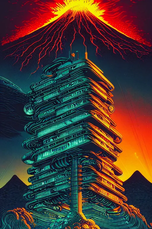 Image similar to artwork by kilian eng and ( dan mumford ) and toshi yoshida and franklin booth showing a gigantic futuristic powerstation!! in front of a ( ( exploding volcano ) ), vintage scifi, high details, dramatic lightning,, 8 k