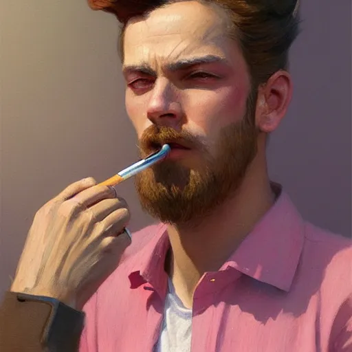 Image similar to painted portrait of wolf wearing pink shirt and smoking, crest hair, intricate, digital painting, artstation, concept art, smooth, sharp focus, illustration, art by jean giraud, edward hopper, gaston bussiere and greg rutkowski