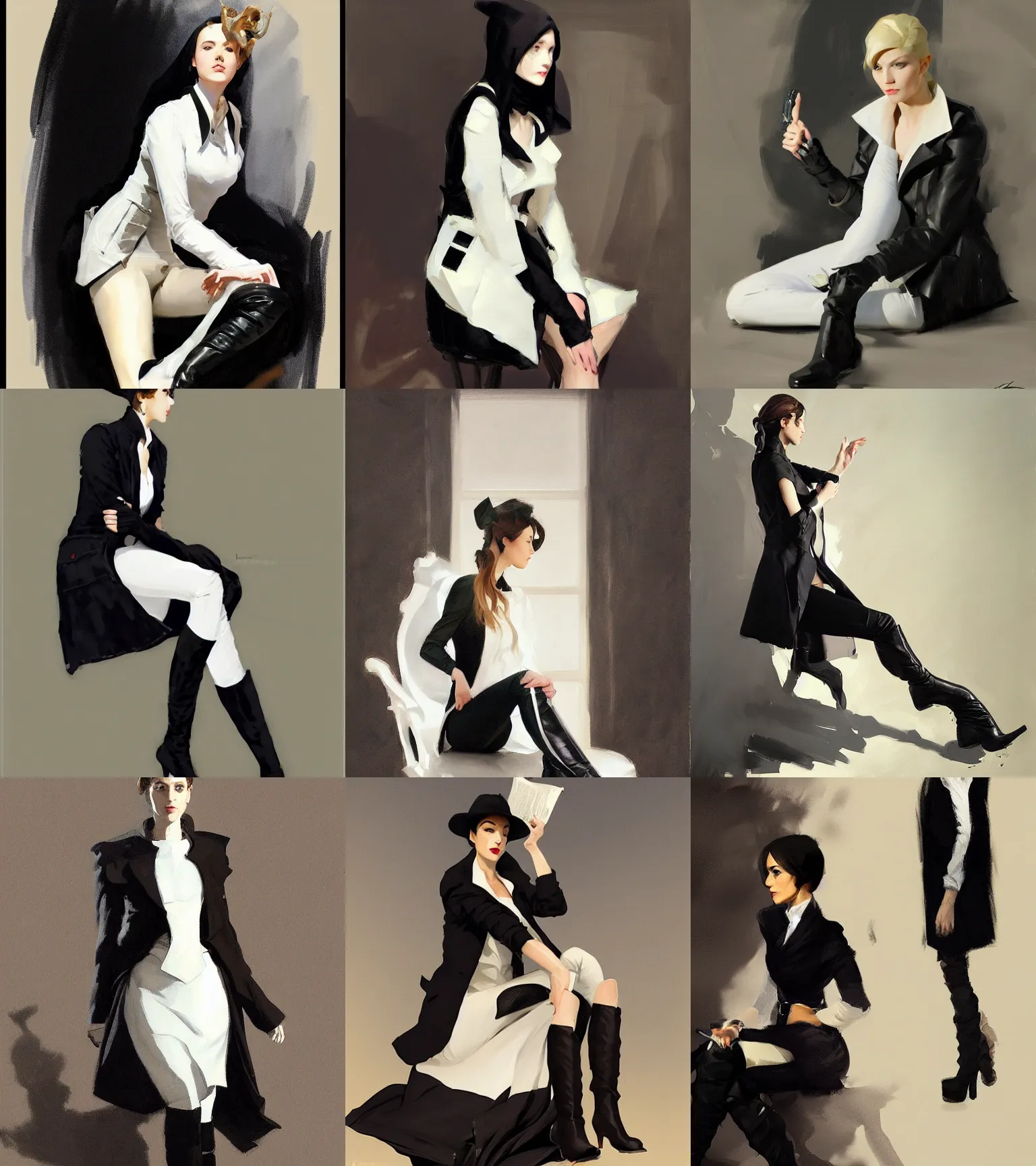 Image similar to black white cloth fabric jodhpurs knee high boots travel coat fashion, portrait in sitting pose, greg manchess painting by sargent and leyendecker, studio ghibli, fantasy, asymmetrical, intricate, elegant, matte painting, illustration, hearthstone, by greg rutkowski, by greg tocchini, by james gilleard, by joe fenton