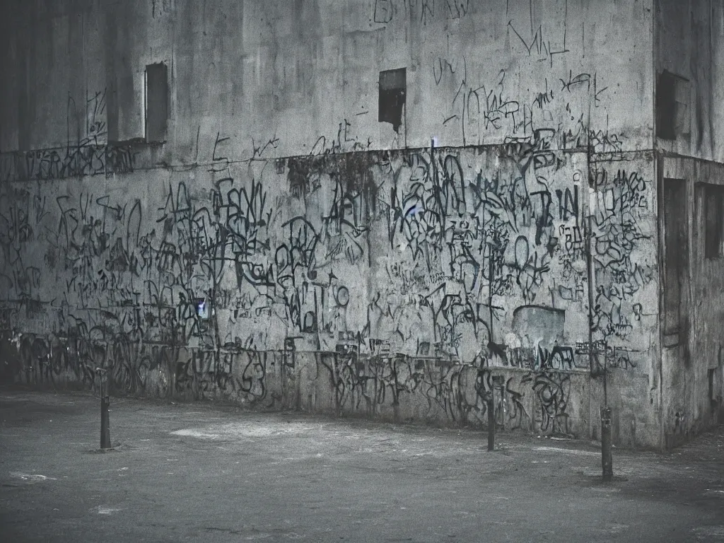 Prompt: “35mm film photography of Berlin Wall, concrete, bright graffiti, barbed wire, patrol towers, armed soldiers, guarded, barrier, heavy rainfall, dim street lights, fog, night, cinestill 800t, grain”