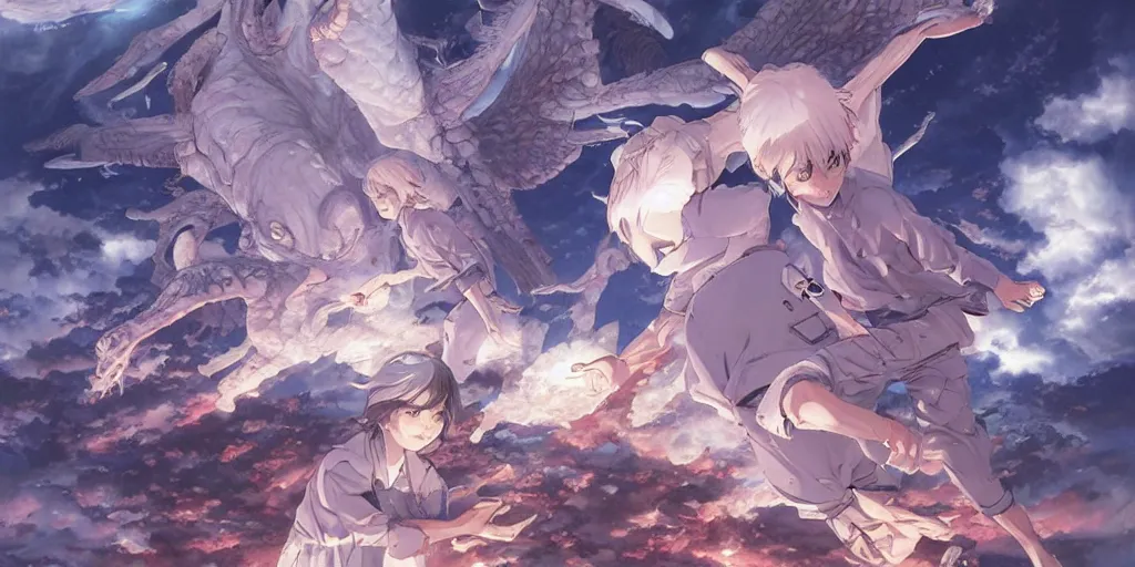 Prompt: hell demons inside heaven, art by makoto shinkai and alan bean, yukito kishiro