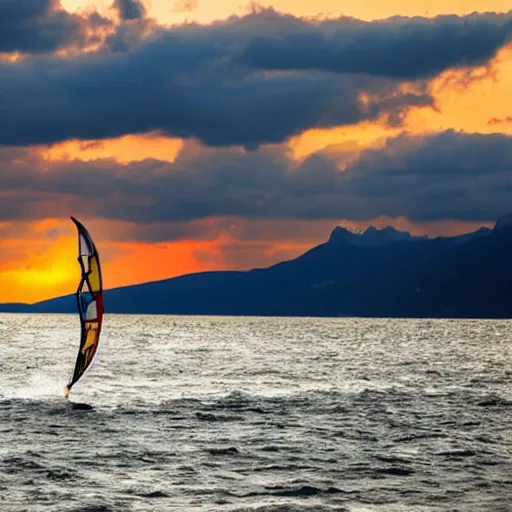 Image similar to windsurfing over stormy lake geneva with sunset in the back