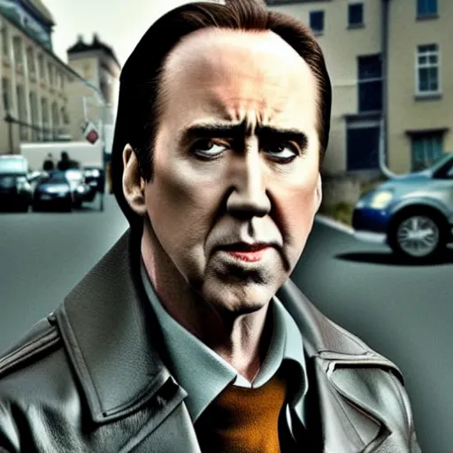 Image similar to nicholas cage starring in russian depressing arthouse movie about village.