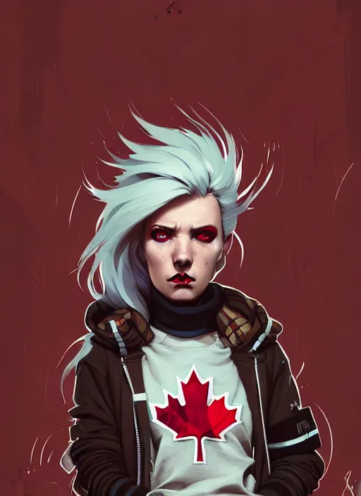 Image similar to highly detailed portrait of a sewer punk canadian lady, tartan hoody, white hair by atey ghailan, by greg rutkowski, by greg tocchini, by james gilleard, by joe fenton, by kaethe butcher, gradient red, brown, blonde cream and white color scheme, grunge aesthetic!!! ( ( graffiti tag wall background ) )