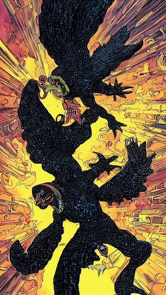 Prompt: a black chicken open an interdimensional portal in the Marvel universe, Moebius, futuristic