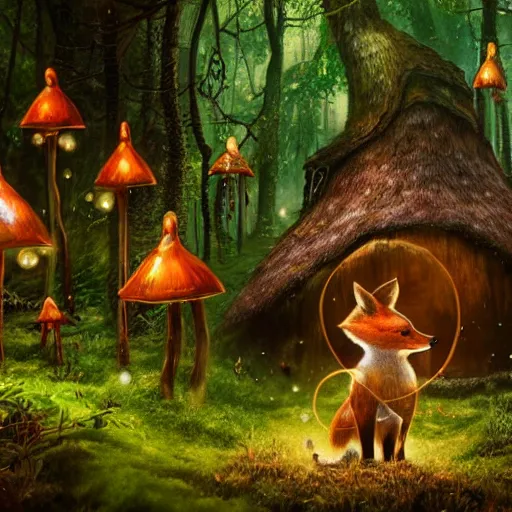 Prompt: A hyper real comic book style portait painting of an enchanted forest with toadstools and a forest hut. Soap bubbles in the air. A fox is in the foreground, unreal 5, hyperrealistic, octane render, cosplay, RPG portrait, dynamic lighting