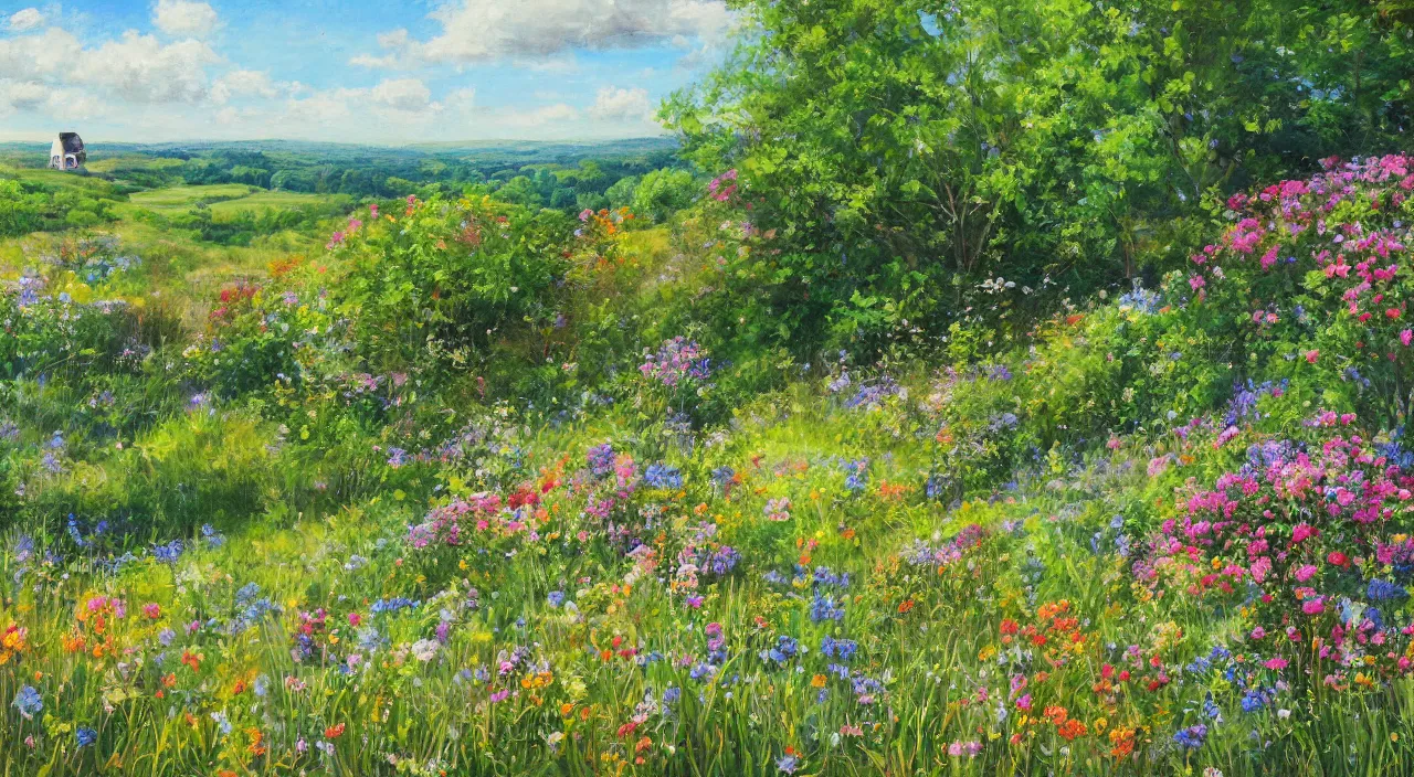 Prompt: A quaint townhouse in the wild and lush harsh bird filled cape cod woods in the middle of the summer on a memorable day. Resting on the hillside with a field of flowers in the foreground. Wildlife, love, and life fills the air and land in this landscape detailed photorealistic oil painting.