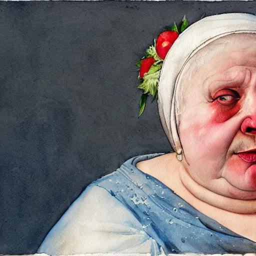 Prompt: of a very funny renaissance style watercolor painting of a sweet fat old woman kissing her reflection. symmetrical face, red mouth, blue eyes. a flowered dress. a hyper - realistic scene. 3 d, octane processing, deep focus, white scene. a very funny and sweet picture. unreal engine. watercolor. fellini cinematic style. poster quality. freud painting style.