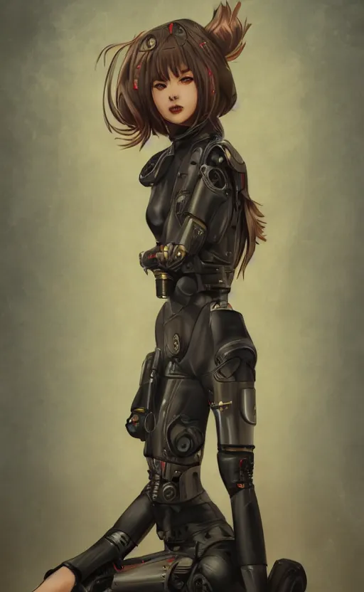 Prompt: girl, fused legs jet engines, cyborg, vintage clothing, anime style, long hair, hair down, symmetrical facial features, from arknights, hyper realistic, 4 k, rule of thirds, extreme detail, detailed drawing, trending artstation, hd, d & d, realistic lighting, by alphonse mucha, greg rutkowski, sharp focus, backlit