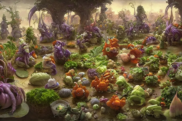 Image similar to miniature vegetable creatures parade. the floor is a cutting board. kitchen environment. digital art, realistic, pixar style, highly detailed, cinematic, matte painting, vivid colors, realistic, epic, low angle, lighting, by greg rutkowski and artgerm and alphonse mucha