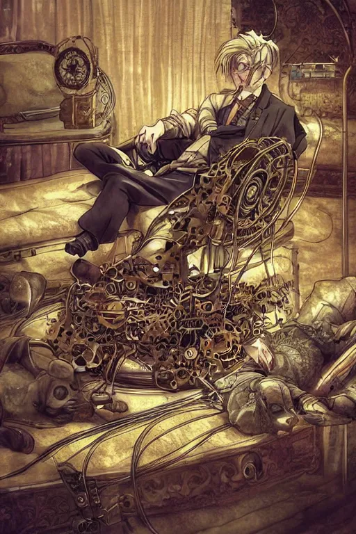 Image similar to anime style illustration, old sick dragon on a steam punk fainting couch with wires and gears and steam punk apparatus, artstation, matte painting, style of studio ghibli, featured in artstation and artgerm and pixiv, award winning, cinematic, elegant, intricate, 8 k