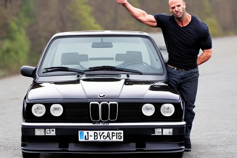 Image similar to Angry Jason Statham lifts BMW e30 in his arms,