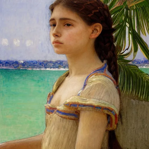 Image similar to a ultradetailed beautiful painting of a girl in the amazonas palace balustrade designed by jules bastien - lepage, tarsila do amaral, frank weston and gustave baumann, beach, trending on artstation, mediterranean, palm trees, hyper detailed face, sharp focus, soft light, 8 k 4 k