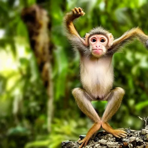 Prompt: a tiny monkey dancing in the jungle