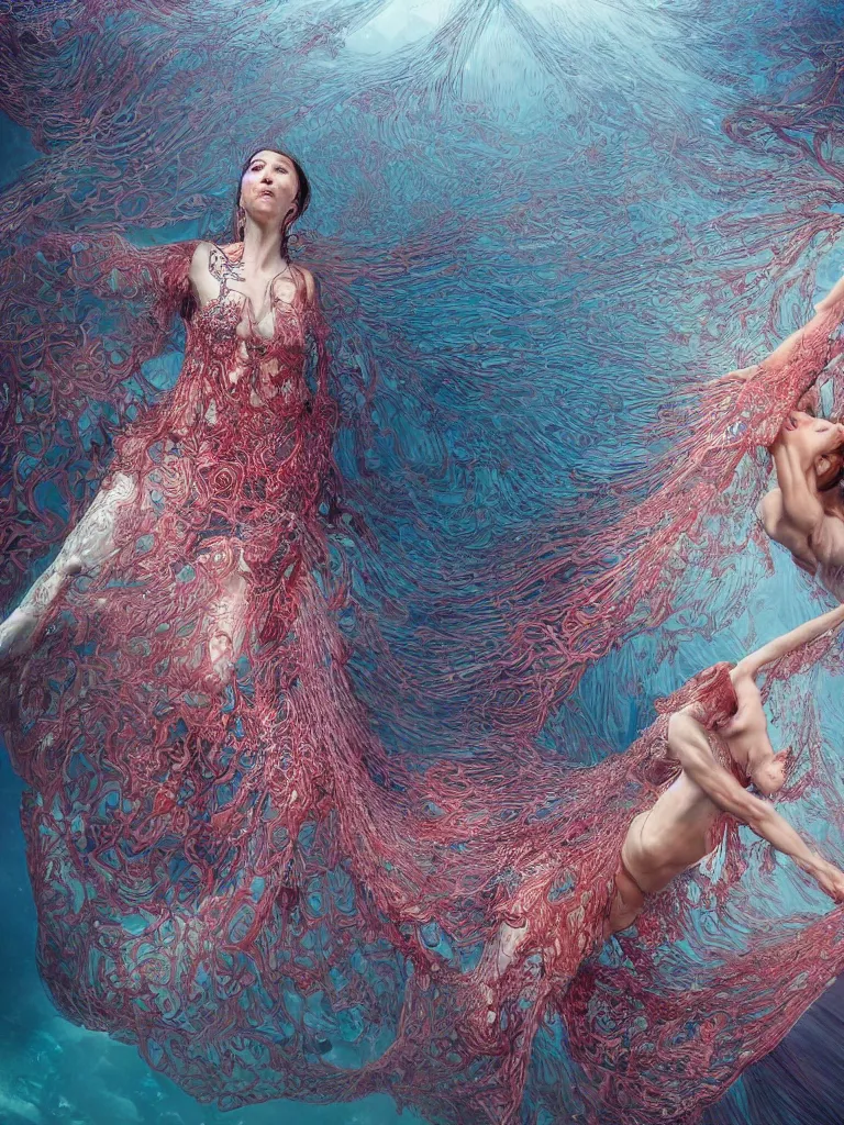 Image similar to a beautiful hyperdetailed rendering of an underwater bellydancer with extremely long flowy dress like a beta fish fins, weightless, deep color, fine bubbles, cryengine, 8 k, extreme detail, full subject in frame and view, epic scale ultrawide angle, designed by iris van herpen and alexander mcqueen, slow motion fashion, low key lighting