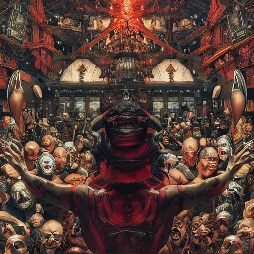 Prompt: 🚷🔞☦✝👺🤡, rotary symmetrical, dynamic lighting, darker intense, detailed, by bambang nurdianshyah, garis edelweiss, roby dwi antono and dan mumford, ayami kojima, takato yamamoto, barclay shaw, karol bak, yukito kishiro, norman rockwell