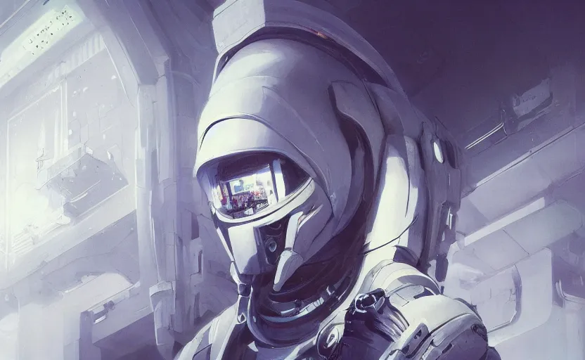 Prompt: a beautiful artwork illustration, concept art sketch of a futuristic astronaut in a white futuristic cybernetic suit in a dim laboratory, volumetric fog, godrays, high contrast, high contrast, high contrast, vibrant colors, vivid colors, high saturation, by Greg Rutkowski and Jesper Ejsing and Raymond Swanland and alena aenami, featured on artstation, wide angle, vertical orientation