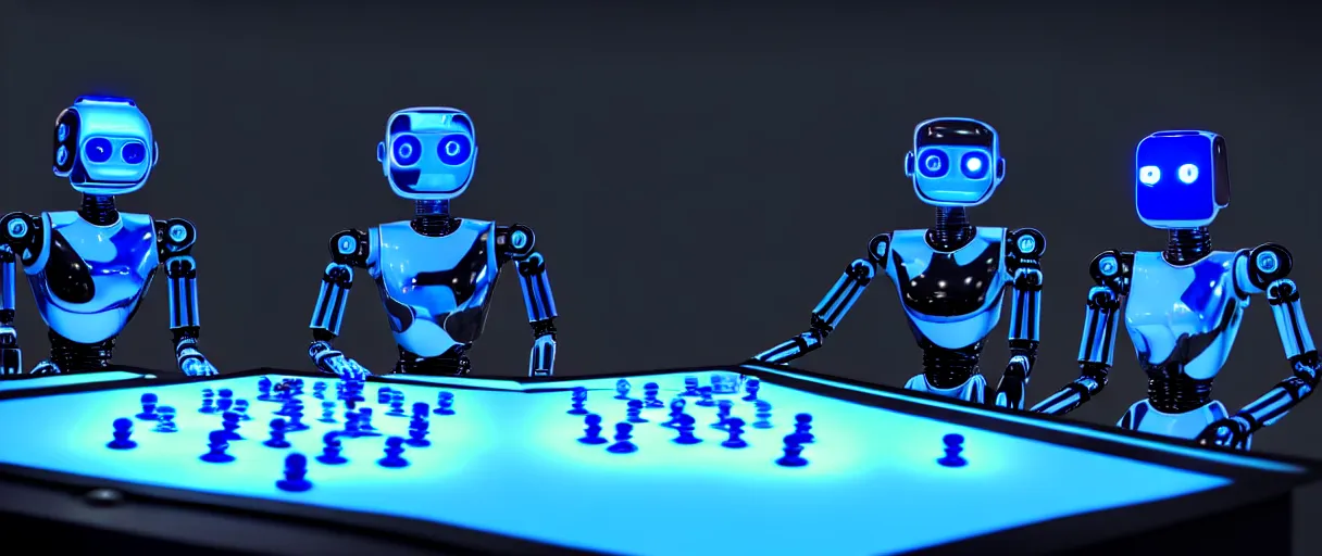 Image similar to a highly detailed photo of two futuristic matte blue and chrome full - body humanoid robots with glowing led eyes sit on large midcentury recliners facing off in an intense game of checkers. cinematic movie photograph, cinematic lighting, arri alexa, extremely detailed, smooth, very very clean, 8 k, octane render, maya render, unreal engine, trending on artstation, dslr