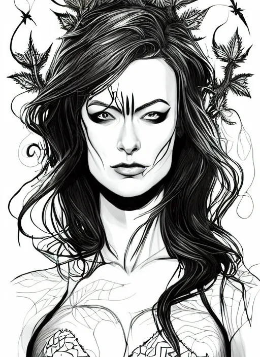 Image similar to symmetry concpet art, full shot, traditional ink, sketch, of olivia wilde as poison ivy, line sketch, intricate, elegant, highly detailed, monochrome, digital painting, artstation, concept art, sharp focus, illustration, art by borderlands 3 and peter polach