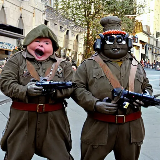 Image similar to fat soldiers, USA war street performers, Wall-E movie