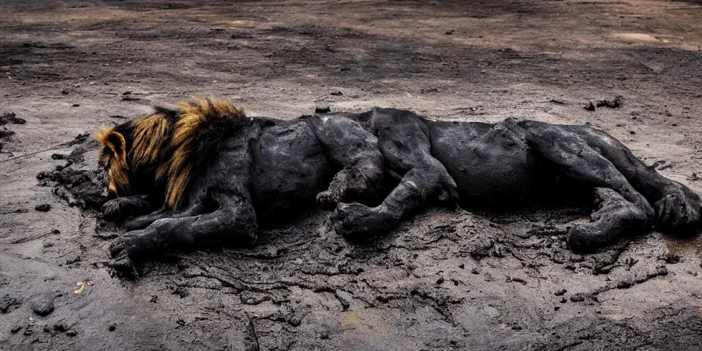 Image similar to a shiny, black, lion made of tar laying inside the tar pit, full of tar, covered with liquid tar. dslr, photography, realism, animal photography, color, savanna, wildlife photography