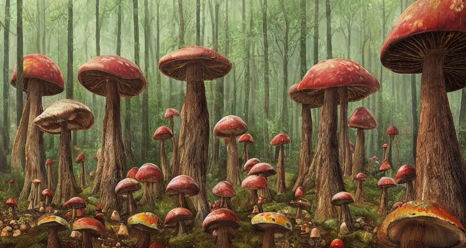 Image similar to A tribal village in a forest of giant mushrooms, by Sam Spratt