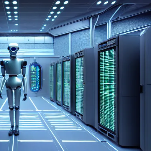 Image similar to hyperrealism stock photo of highly detailed stylish humanoid robot in futuristic sci - fi style by gragory crewdson and vincent di fate in the highly detailed data center by mike winkelmann and laurie greasley rendered in blender and octane render