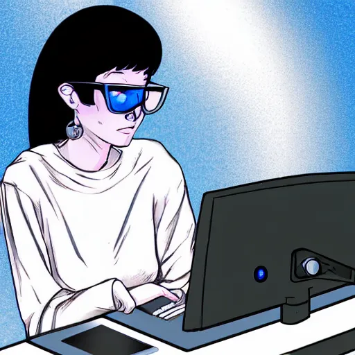 Prompt: a goth computer nerd sitting in front of computer screen, glow on face, reflective glasses, by shinji aramaki, by moebius, digital illustration,