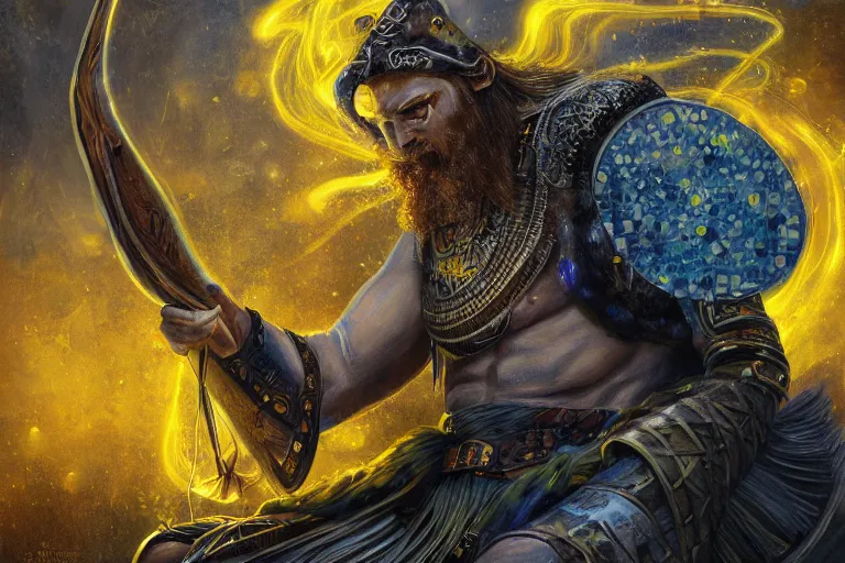 Image similar to mythological viking odin Shaman of artificial intelligence creating an artificial neural network with yellow synapses on an anvil, high resolution, award winning art, trending on art station, sharp image, incredibly detailed, detailed character realistic painting,