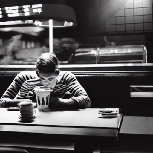 Prompt: spider-man eating in a mcdonald's, movie still, dramatic lighting, sunset, atmospheric dust, vintage film