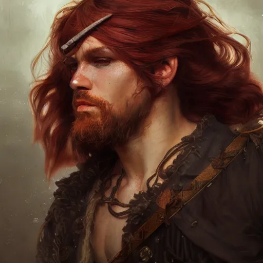 Prompt: portrait of a young rugged pirate, male, masculine, upper body, red hair, long hair, soft hair, D&D, fantasy, intricate, elegant, highly detailed, digital painting, artstation, concept art, matte, sharp focus, illustration, art by Artgerm and Greg Rutkowski and Alphonse Mucha