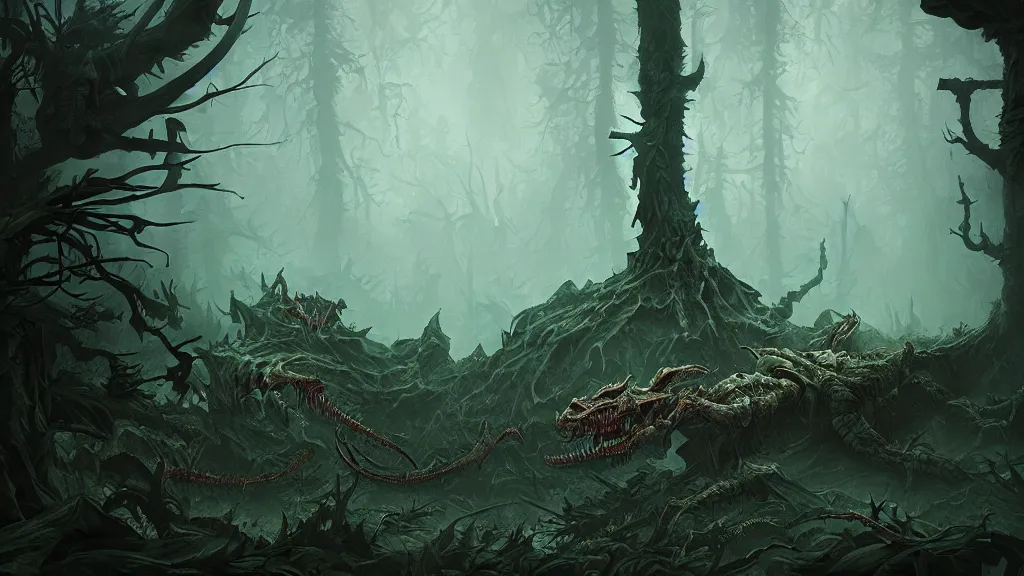 Prompt: a photograph of a decomposing thanatosdrakon in a dark scary forest, dark, hyper - detailed andreas rocha and anton fadeev