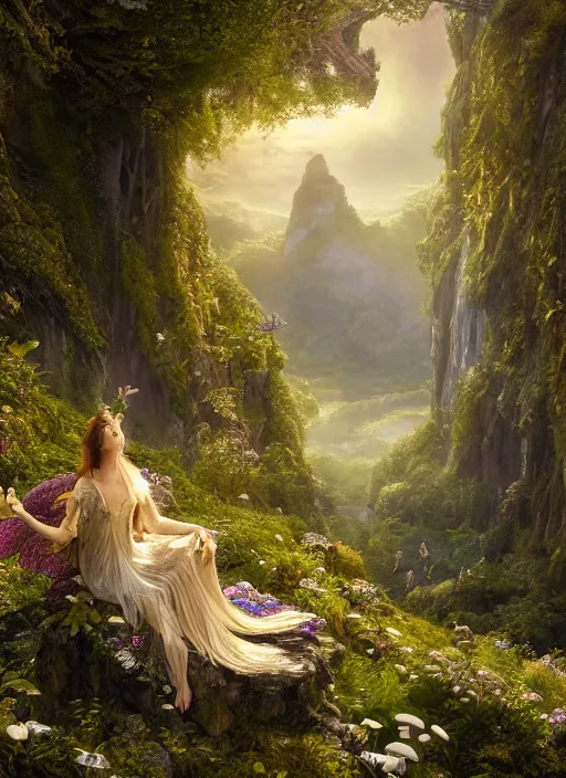 Image similar to an elegant fairy with wings of lace sitting and looking out at a lord of the rings scenery landscape, vast lush valley flowers and mushroom structures, stream, sunrise, god's rays highly detailed, vivid color, cinematic lighting, perfect composition, 8 k, gustave dore, derek zabrocki, greg rutkowski, belsinski, octane render