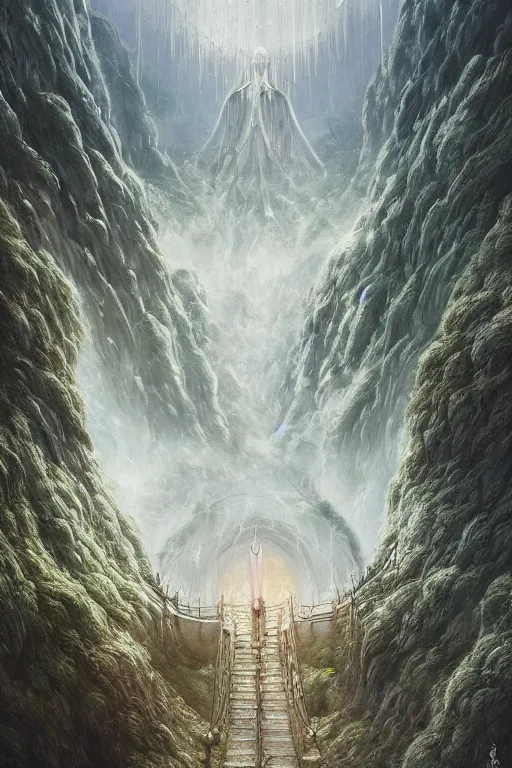 Image similar to amazing concept painting, Rivendell Himeji, hallucination, by Jessica Rossier A gleaming white opera hall fortress overlooks a fertile valley, brutalist deak ferrand Jean-pierre Ugarte bases, garden of eden, by HR giger by Beksinski,