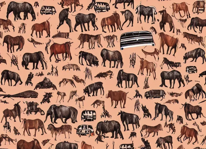 Prompt: painted pattern which figures of ancient hunters mammoths and vw buses siluets, rock cave painting, red ocher, finger painting