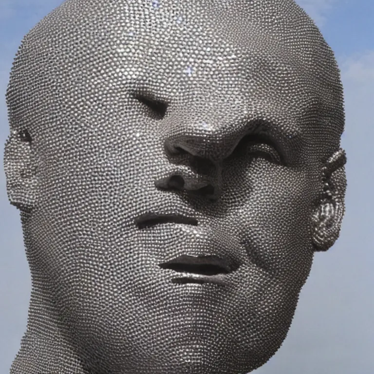 Image similar to enormous geometric accurate sculpture of tom cruise sticking out his tongue, beautiful symmetrical!! face accurate face detailed face realistic proportions, made of chain mail and plate armor on a pedestal by ron mueck and frank frazzetta, cinematic lighting shocking detail 8 k