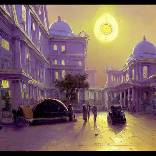 Image similar to painting of syd mead artlilery scifi organic shaped motel with ornate metal work, roman architecture, volumetric lights, purple sun, andreas achenbach