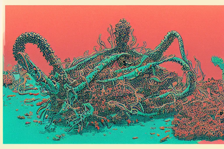 Image similar to risograph grainy drawing vintage sci - fi, satoshi kon color palette, gigantic gundam full - body covered in dead coral reef 1 9 6 0, kodak, with lot tentacles, natural colors, codex seraphinianus painting by moebius and satoshi kon and dirk dzimirsky close - up portrait