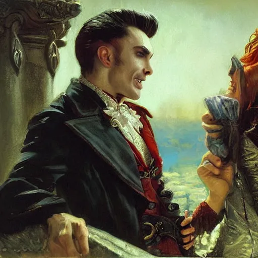 Image similar to attractive male, arthur pendragon confesses his love to attractive male dracula the vampire. highly detailed painting by gaston bussiere, craig mullins, j. c. leyendecker 8 k